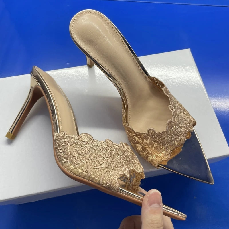 New Summer Women's High Heel Sandals Lace Embroidery Pointed Open Toe Stiletto High Heel Sandals Party Slippers