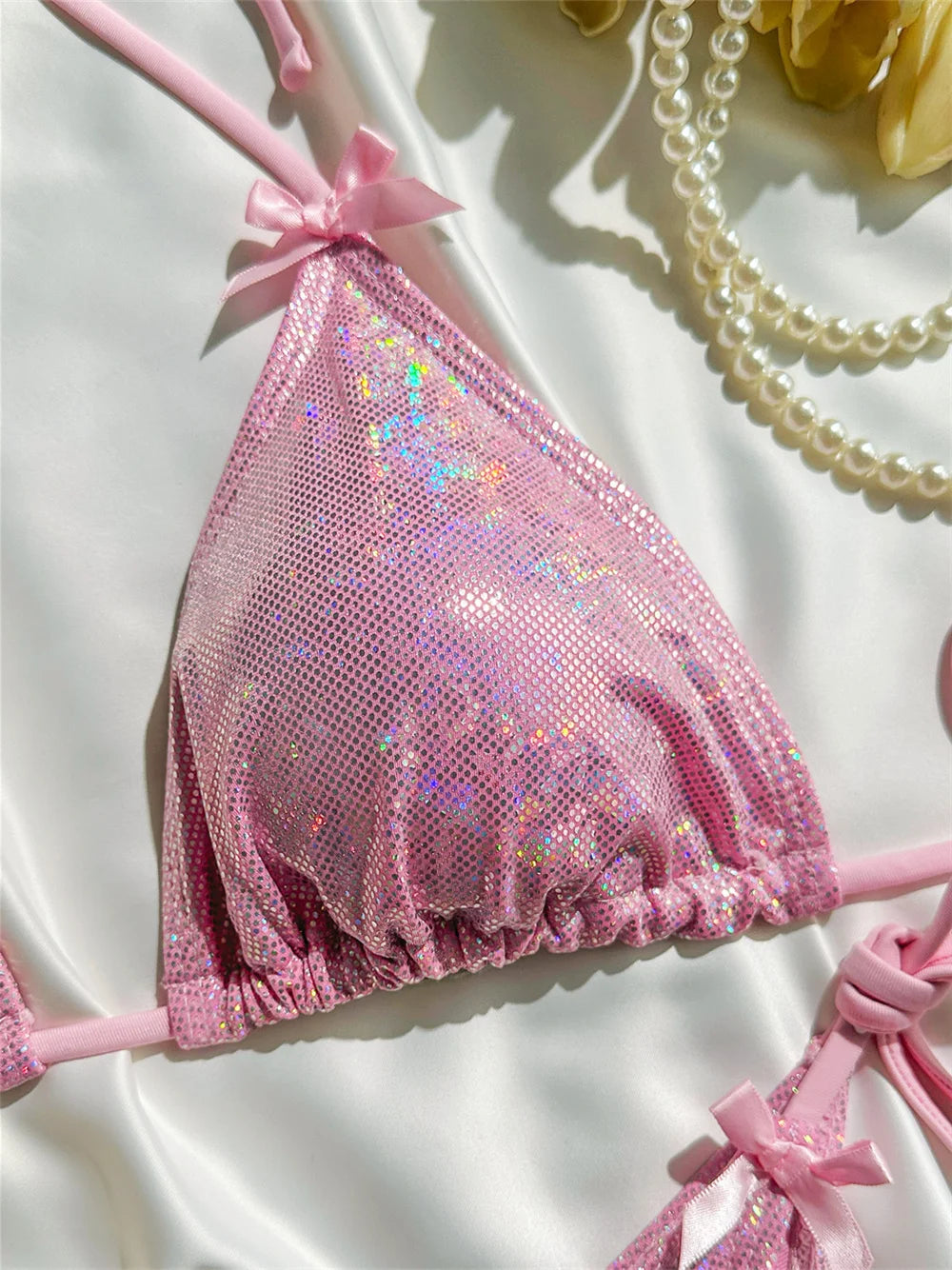 Shiny Pink Bikini Extrem String Backless Swimsuit Push Up Kawaii Bowknot Vacation Swimwear Women Micro Tangas Beach Bathing Suit