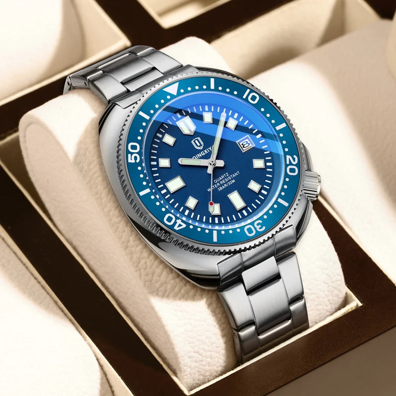QINGXIYA Brand New Fashion Design Date Quartz Watch for Men Stainless Steel Waterproof Luminous Mens Watches Relogio Masculino
