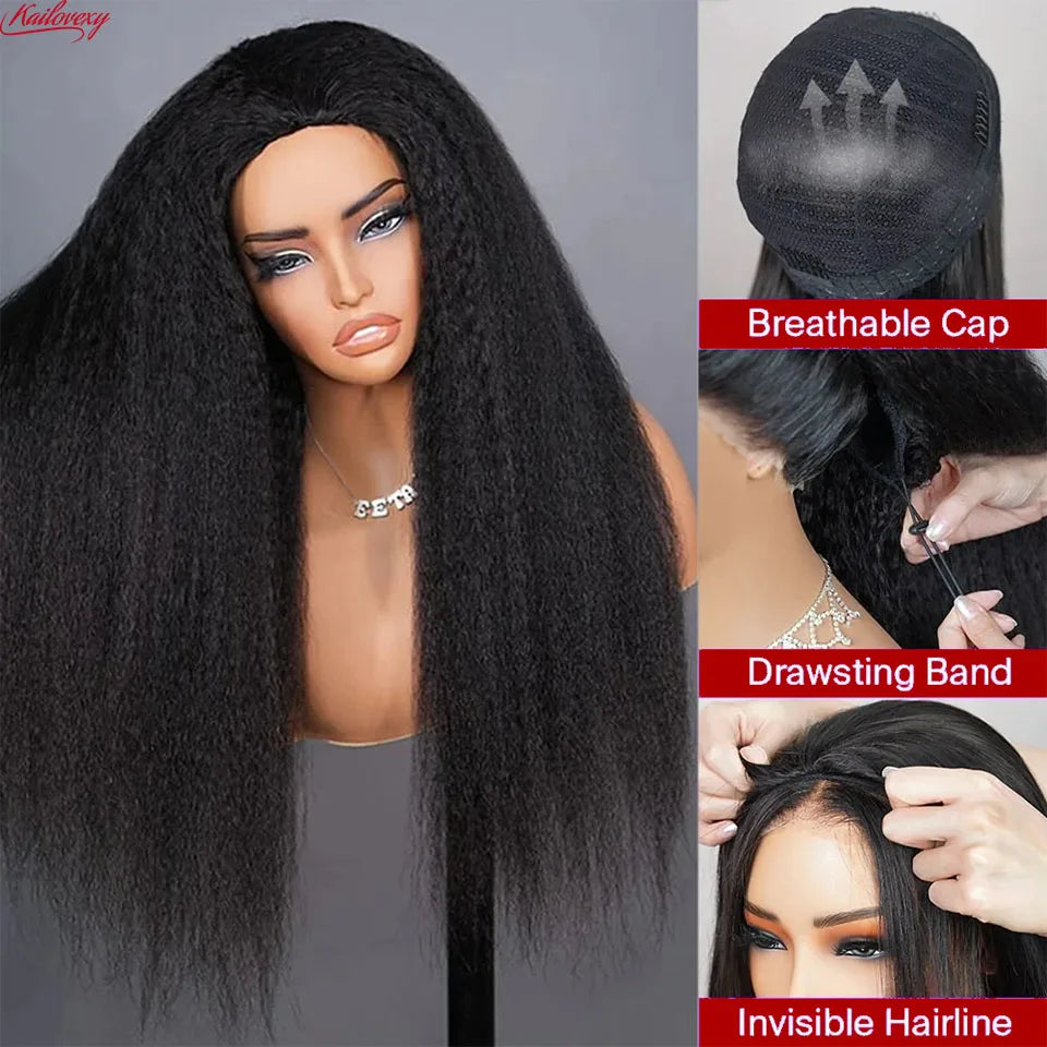 3 In 1 Half Wigs Human Hair Kinky Straight 220% Density Glueless Wear And Go Human Hair Wig No Lace Flip Over Half Wig