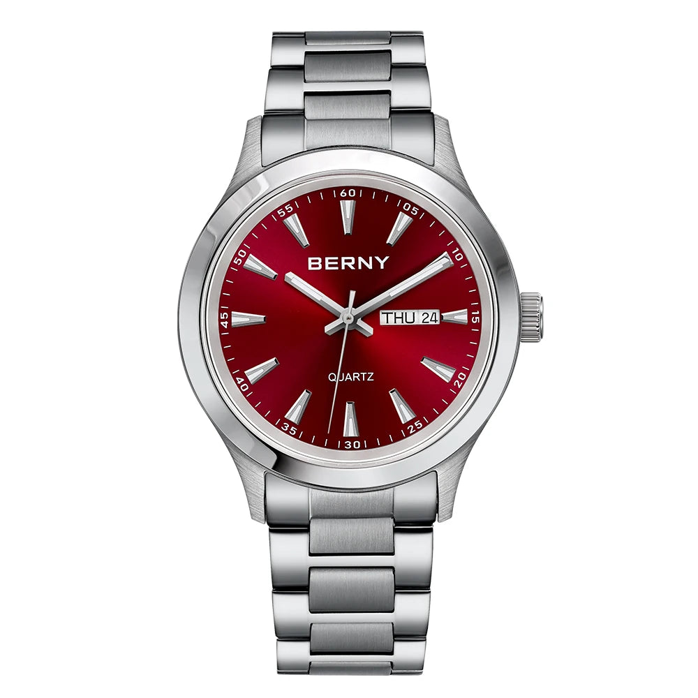 BERNY Watches for Men 40mm Luminous Elegance Dress Quartz Watch Calendar Week Luxury Waterproof Casual Business Men's Wristwatch