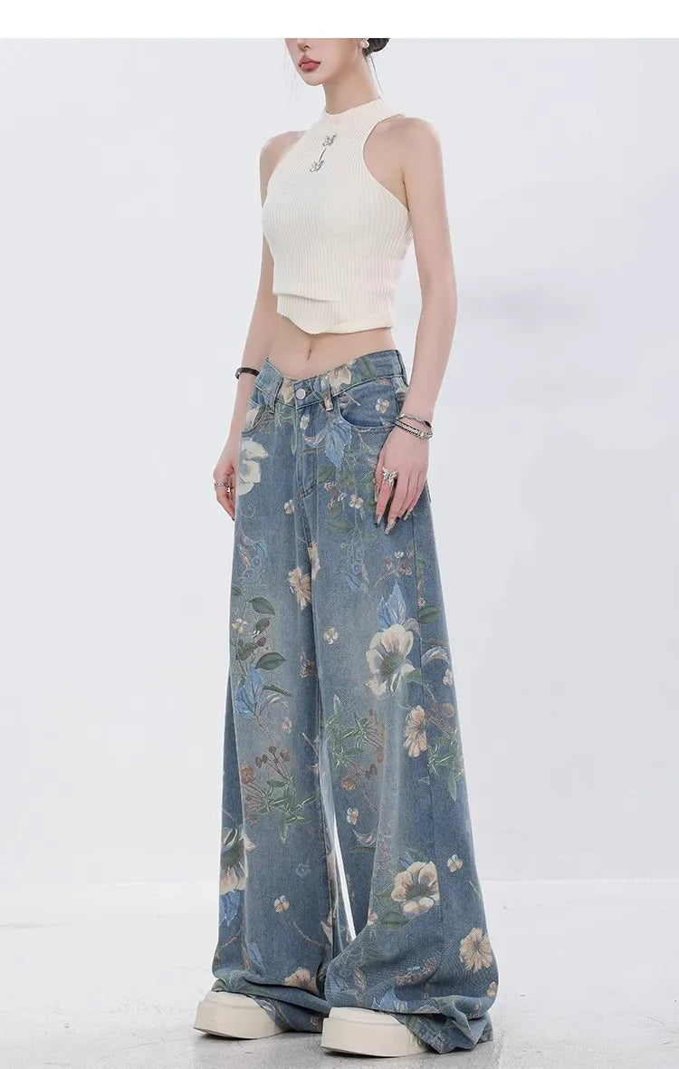 Fashion Printed Jeans 2025 Retro Floral Denim Mopping Trousers Korean Style High Street Loose Hip Hop Wide-leg Jean Pants