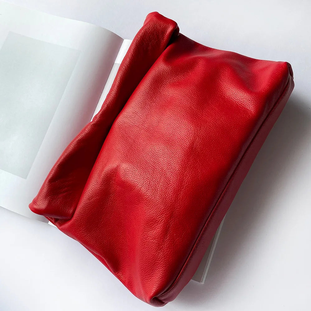 Personality roll-edge leather bag  lazy casual leather soft bag  Phone Women High Quality holding red large bag luxury designer