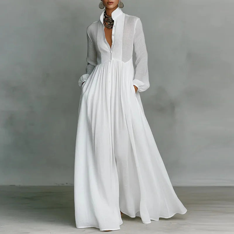 Bohemian Stand Collar Button Maxi Shirt Dress Woman Elegant High Waist Solid Party Dress Spring Long Sleeve Loose Casual Dresses