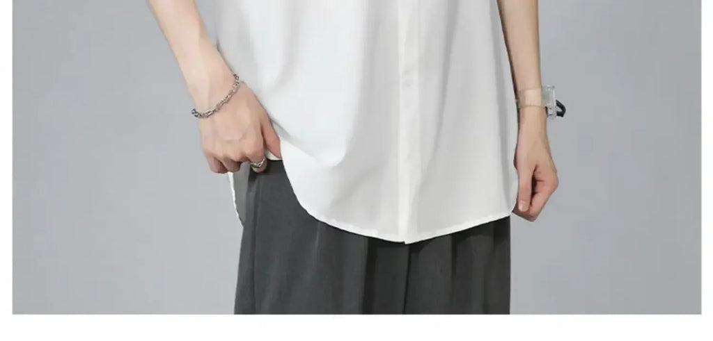 Men's Ice Silk Short Sleeve Shirt Casual Loose Fit Korean Style Trendy Black Shirt For Summer Thin Sleeve Casual