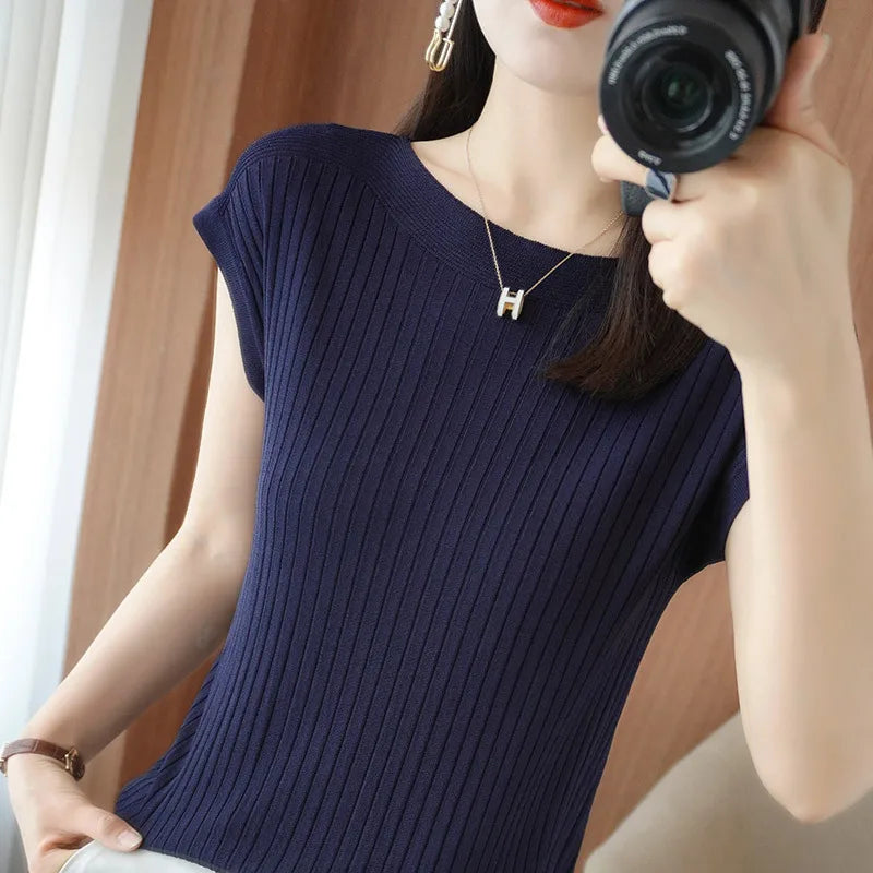 Spring Summer T-shirt Women Short Sleeves Slim Striped Innerwear Slash Neck Fashion Korean Loose Knitted T-shirt Sweater 2026