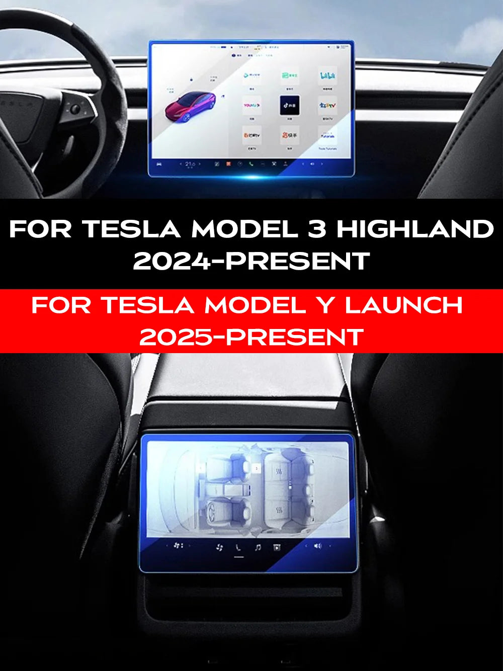 For Tesla New Model Y Juniper 2025 Launch Model 3 Highland 2024 Tempered Glass Screen Protecor Full Covered Soft Black Frame