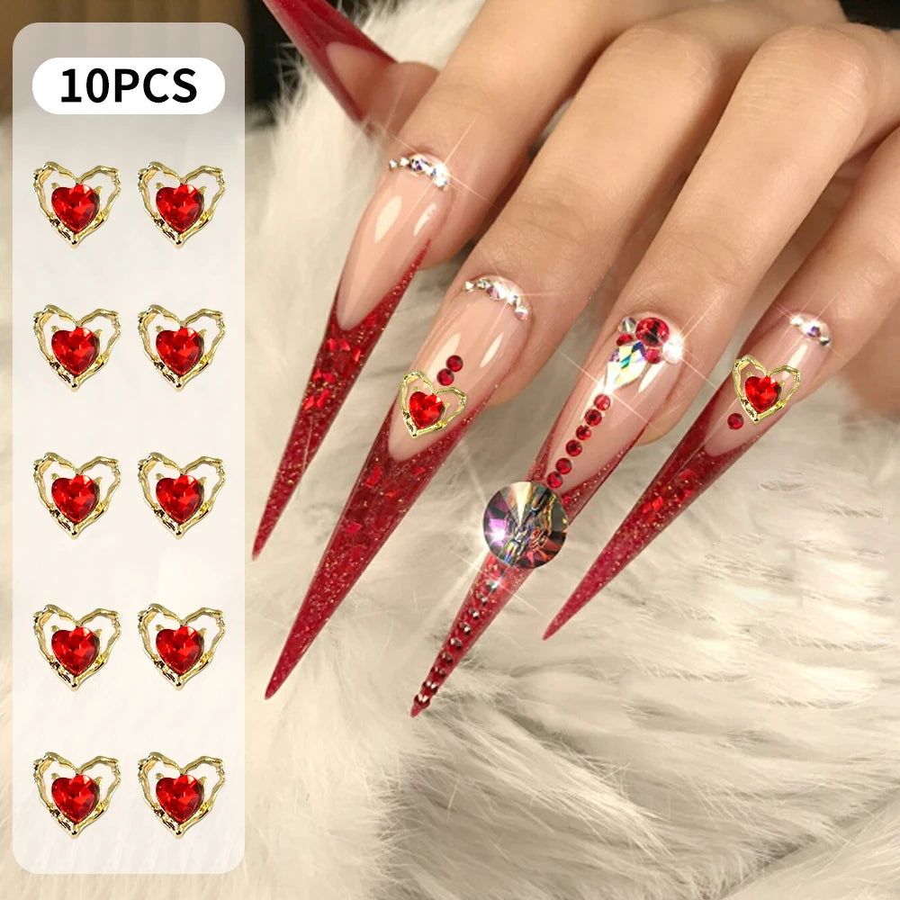 3D Red Diamond Hearts Nail Aolly Charms 10pcs Gold Hollow Crystals Rhinestones 10mm Nails Heart Gems Valentines Day Jewelries *&