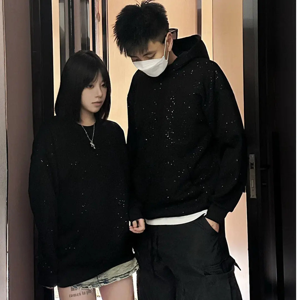 Sequined Hoody Korean Streetwear Men Sweatshirts Plus Fleece New Winter American Style Chic Solid Loose Pockets Fashion Hoodies