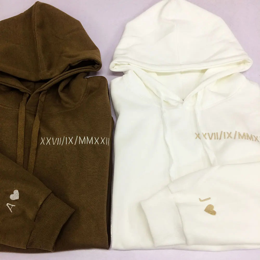 Custom Embroidered Couple Hoodie Personalized Roman Numeral Date Hoodie Date & Initial Hoodies Anniversary Gift Engagements Gift
