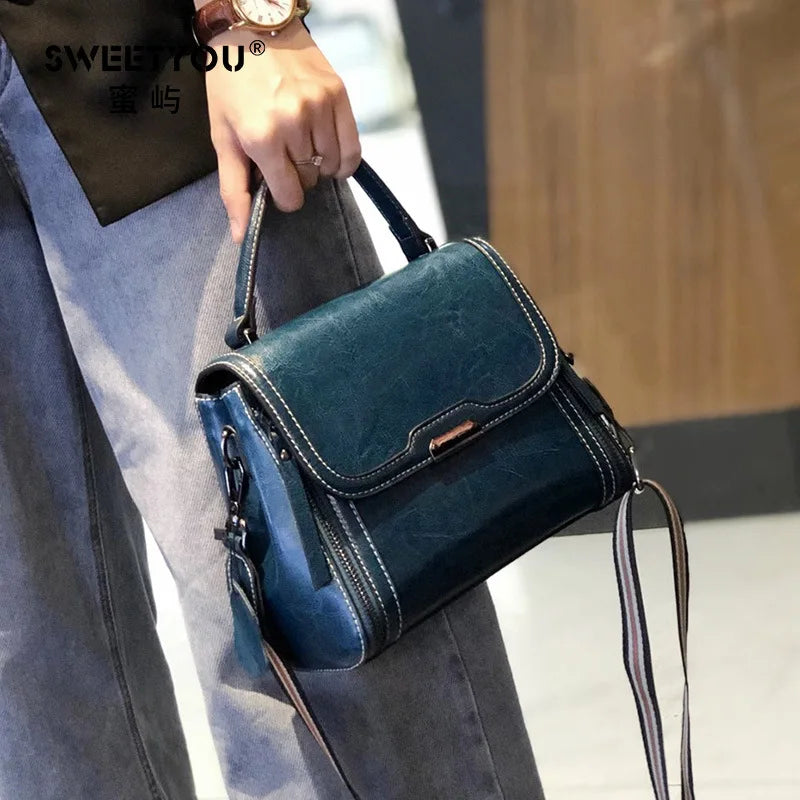 Oil Wax Cowhide Leather Women's Handbag 2024 New Crossbody Bag Lady Commuter Summer Bag Handbill Shoulder Messenger Bags