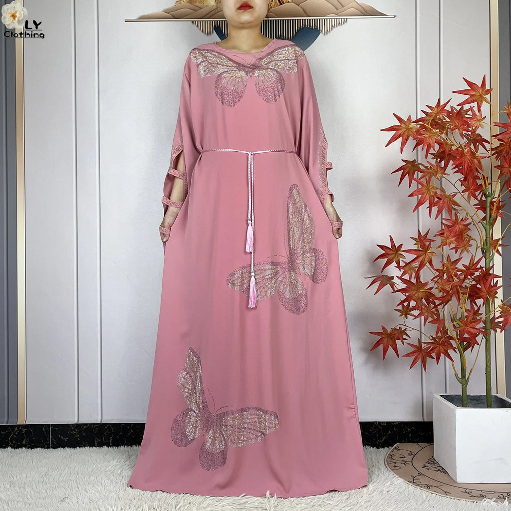 2025New Dubai Muslim Women Elegant Dress African Abaya Loose Butterfly Pattern Diamond Islamic Long Sleeve Turkey Femme Clothing