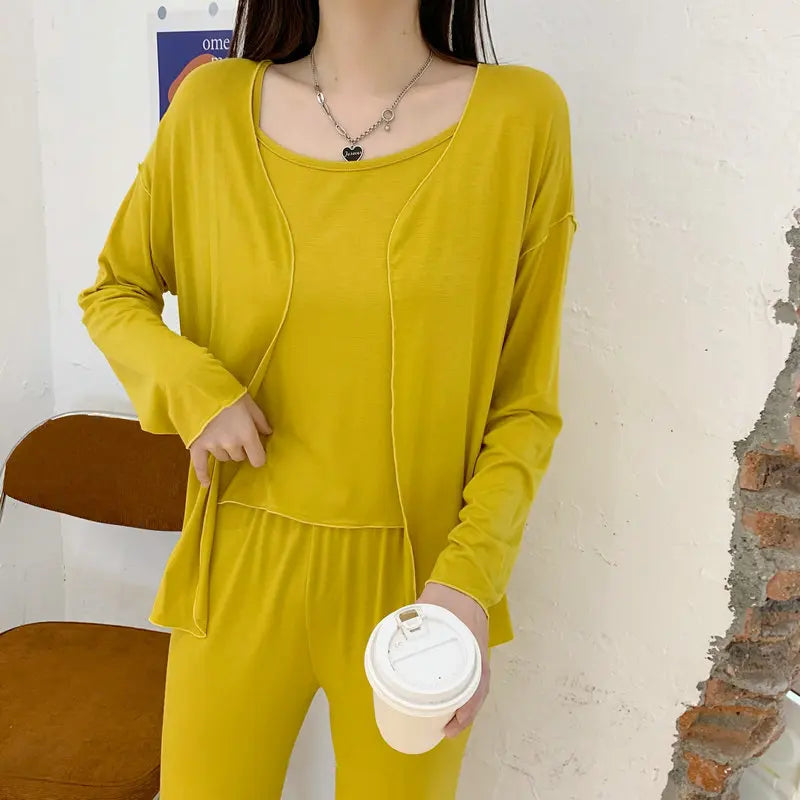 Fdfklak New Arrivals 3PCS Sleepwear Pajamas Set Lingerie Pyjamas Spring Summer Modal Soft And Comfortable Homewear