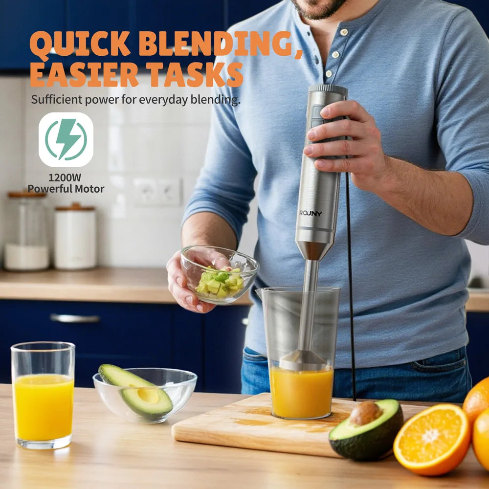 Powerful Immersion Blender,4-in-1 Stainless Steel Stick Baby Food Mixer,700ml Mixing Beaker,500ml Processor,Whisk, MAX 1200W
