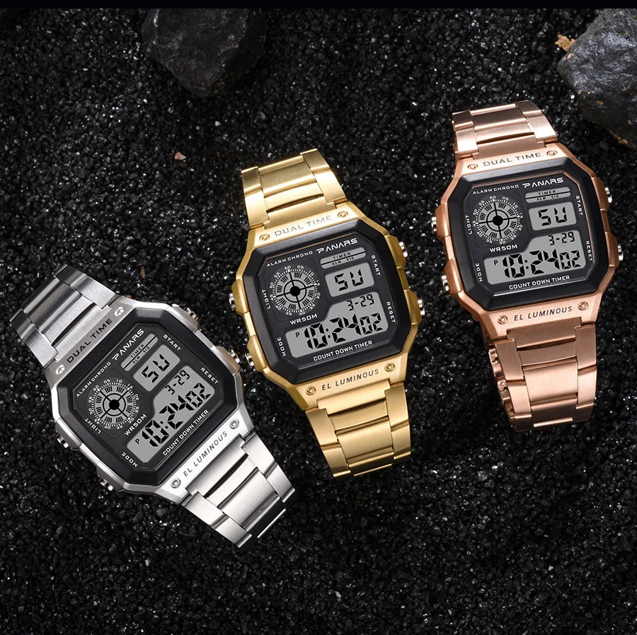 PANARS Top Luxury Stainless Steel Strap Sport Watches Mens Waterproof Back Light Digital Wristwatch Male Alarm