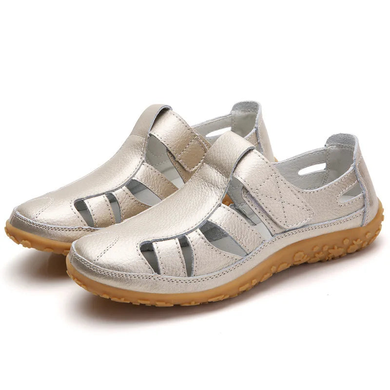 Women's Leather Sandals Casual Summer Closed Toe Beach Sandals Flat Comfortable Sneakers