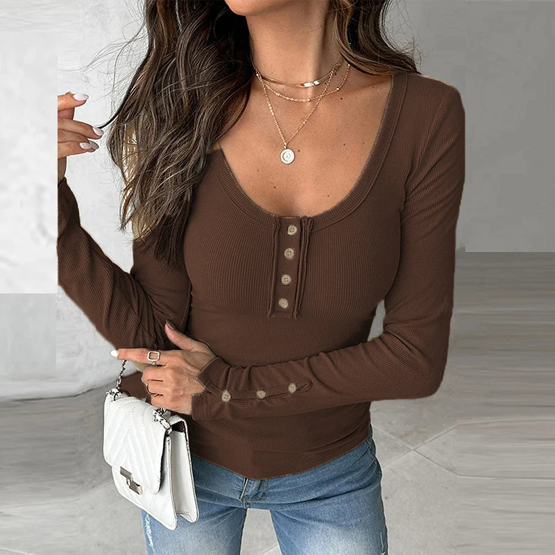 Autumn Casual T Shirts Woman Fashion O Neck Button Knitted Tops Female Long Sleeve Comfortable T-shirt Lady Slim Shirts
