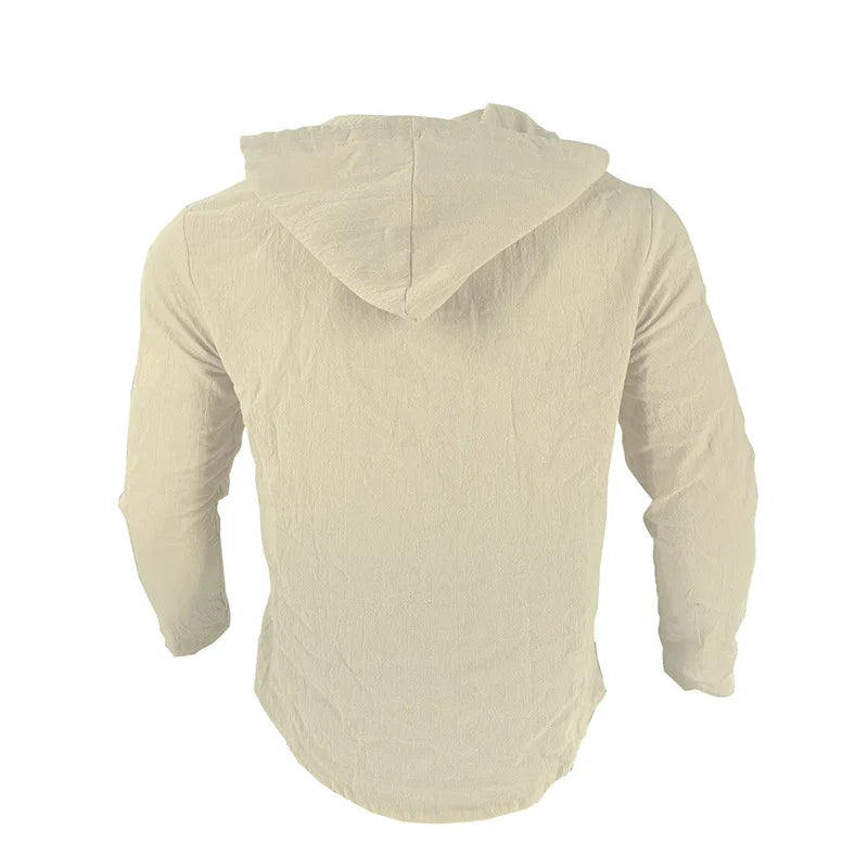 Men's solid color casual shirt, hooded drawstring cotton and linen cardigan, trendy and versatile loose beach T-shirt