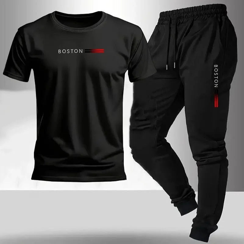 Summer New Fashion Trend Printed Sports Fitness Short-Sleeved T-shirt Long Pants Set Men's Loose Sports Large Size Two-Piece Set