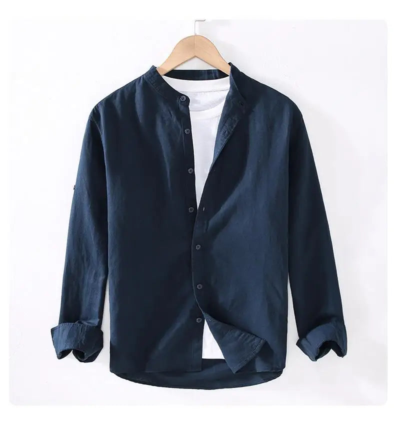 Vintage Men's Long-Sleeve Linen Shirt M-5XL Spring Summer Stand Collar Plain Color Single Breasted Streetwear