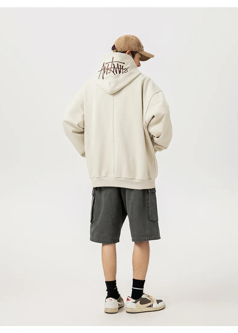 400G Heavy Thick Letter Embroidered Hoodies for Men's Autumn Winter Style American Trendy Couple Loose Hoodie Coat