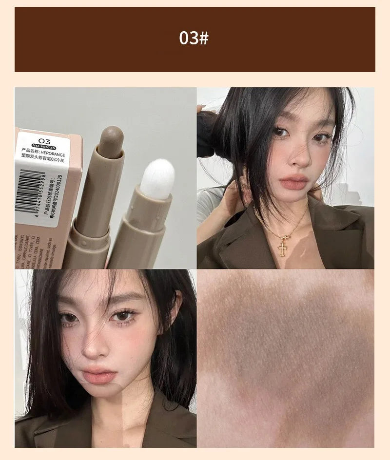 Double Head Contour Stick Bronzer with Brush Face Nose Shadow Cream Contour Pen Waterproof Lasting Contouring Makeup Cosmetics