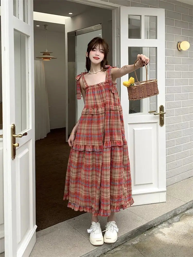 Vintage Plaid Dresses Women Ruffles Sweet French Style Bandage Loose Casual Girlish Summer New Ins Aesthetic Temperament Ulzzang