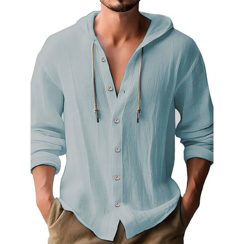 Men's solid color casual shirt, hooded drawstring cotton and linen cardigan, trendy and versatile loose beach T-shirt