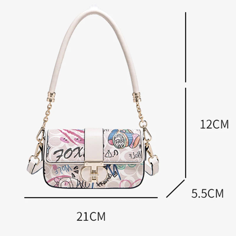 FOXER 2026 Fashion New Women's Underarm Bag PU Leather Graffiti Lady Chain Shoulder Bag Trendy Niche Design Crossbody Bag