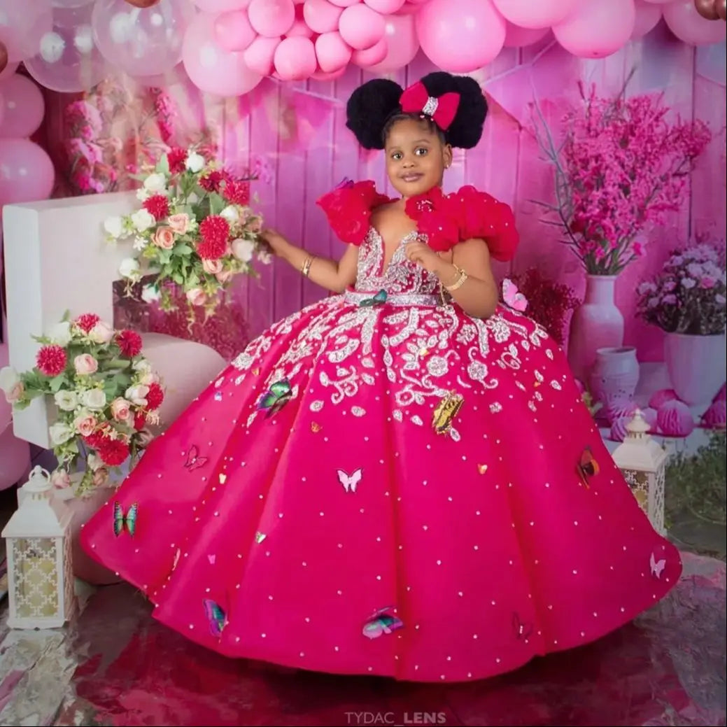 Luxury Beading Flower Girl Dresses Princess Hot Pink Customized Ball Gown Baby Girls First Birthday Party Pageant Dress
