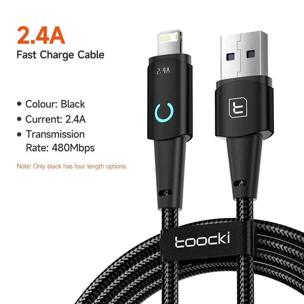 Toocki USB to Lighting or Type C Cable for iPhone 14 13 12 Pro Max 8 7 plus Led Charger USB C Cable Fast Charging Cable 1m 2m