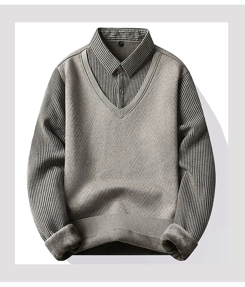 Winter Warm Thick Pullovers Men Polo Neck Fake Two Pieces Sweaters Fashion Casual Striped Fleece Lined Jumper Knitting Sweaters