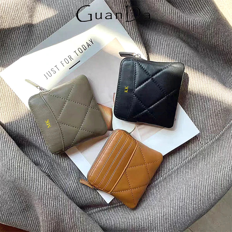 Sheepskin Luxury Woman Coin Purse Genuine Leather Plaid Zipper Lady Card Wallet Spring Summer Fashion Customized Card Holder Bag