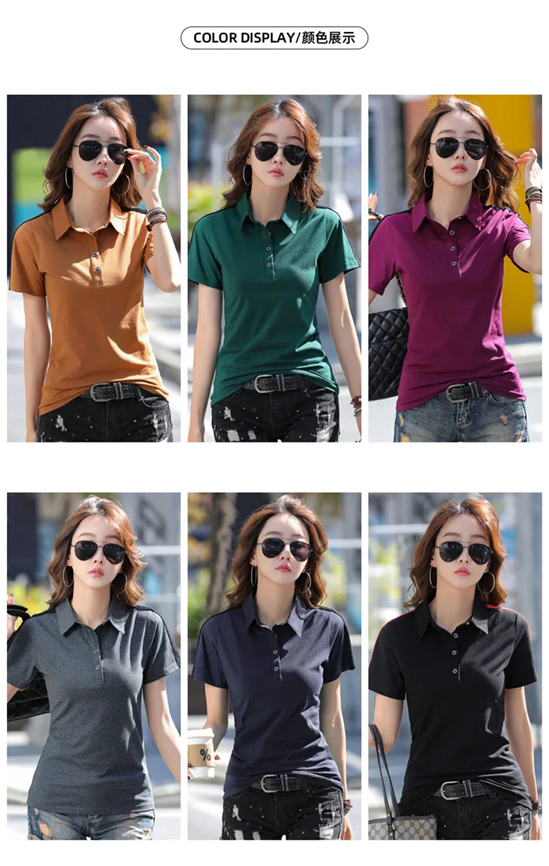 New Women Polo Shirt Summer Fashion Patchwork Button Turn-down Collar Short Sleeve Slim T-shirt Casual Basic Cotton Tees Tops