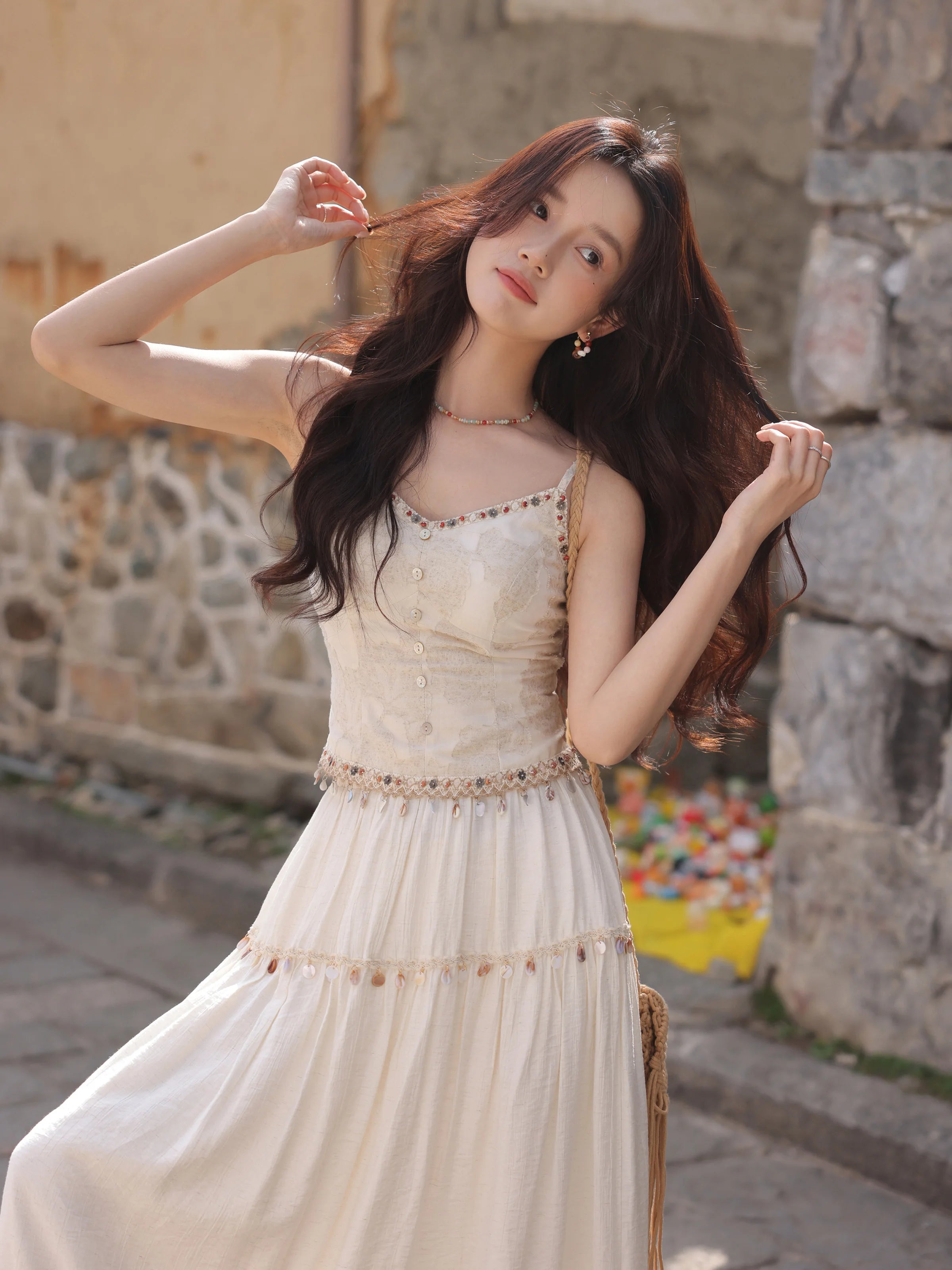 White Lace Three-Piece Set Spring Summer Slim Fit V-Neck Lace Cami Top High-Waisted A-Line Maxi Skirt Chic Red Fashion Shirt