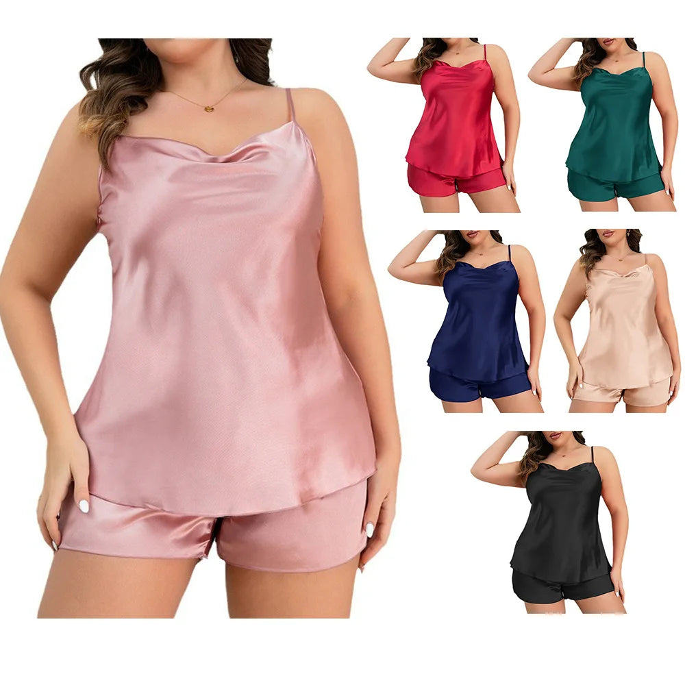 طقم بيجامة بحمالات مقاسات كبيرة 3XL 4XL 5XL صيفي نسائي، بدلة بيجامة وردية من الحرير والستان، حمالة صدر قصيرة، ملابس نوم فضفاضة للمنزل