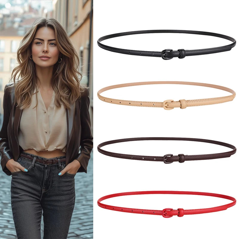 Fashionable Women's Thin Leather Belt Skinny Genuine Leather Belt with Pin Buckle for Jeans and Dresses