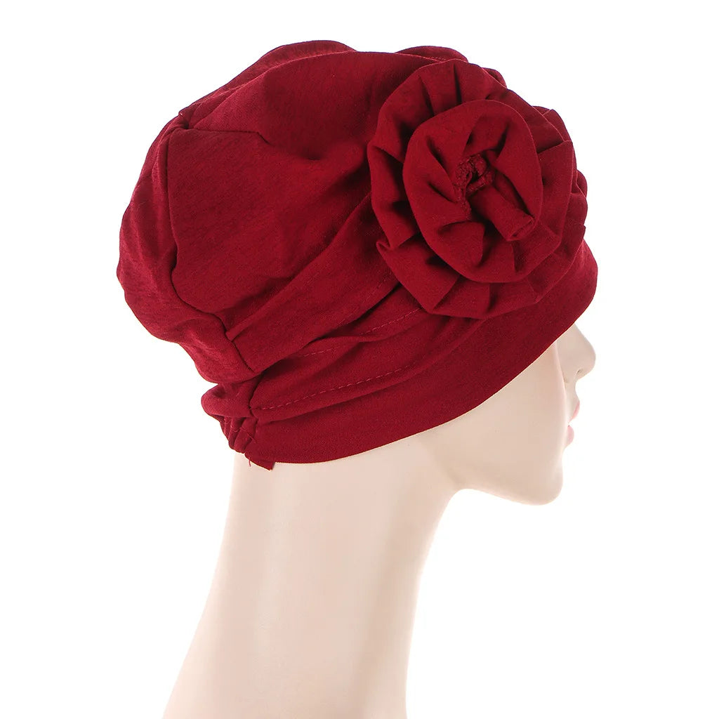 Trendy Crinkle Women's Hijab Solid Color Muslim Ladies Turban Bonnet Flower Decor Ramadan Head Wrap Head Scarf Indian Hats