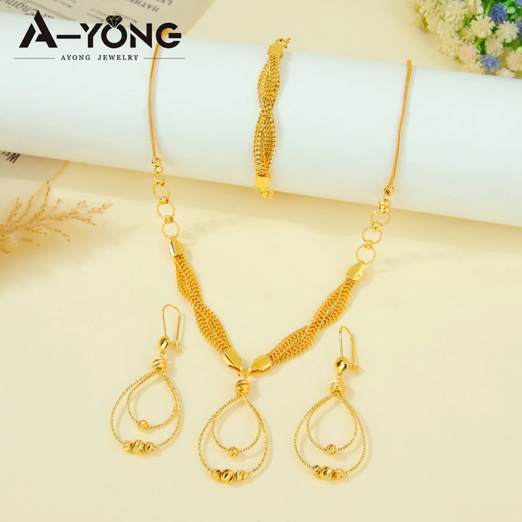 Dubai Fashion Waterdrop Jewelry Set 24k Gold Plated Arabic Exquisite Beads Necklace Bracelet Earrings Oman Bridal Jewelrys