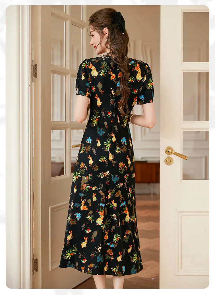 LOUIS YAO Women's Printed Dress 2025 Summer Soft Fabric New Cute Animal Flower Patterns Umbrella-shaped Skirt Hem Long Dresses