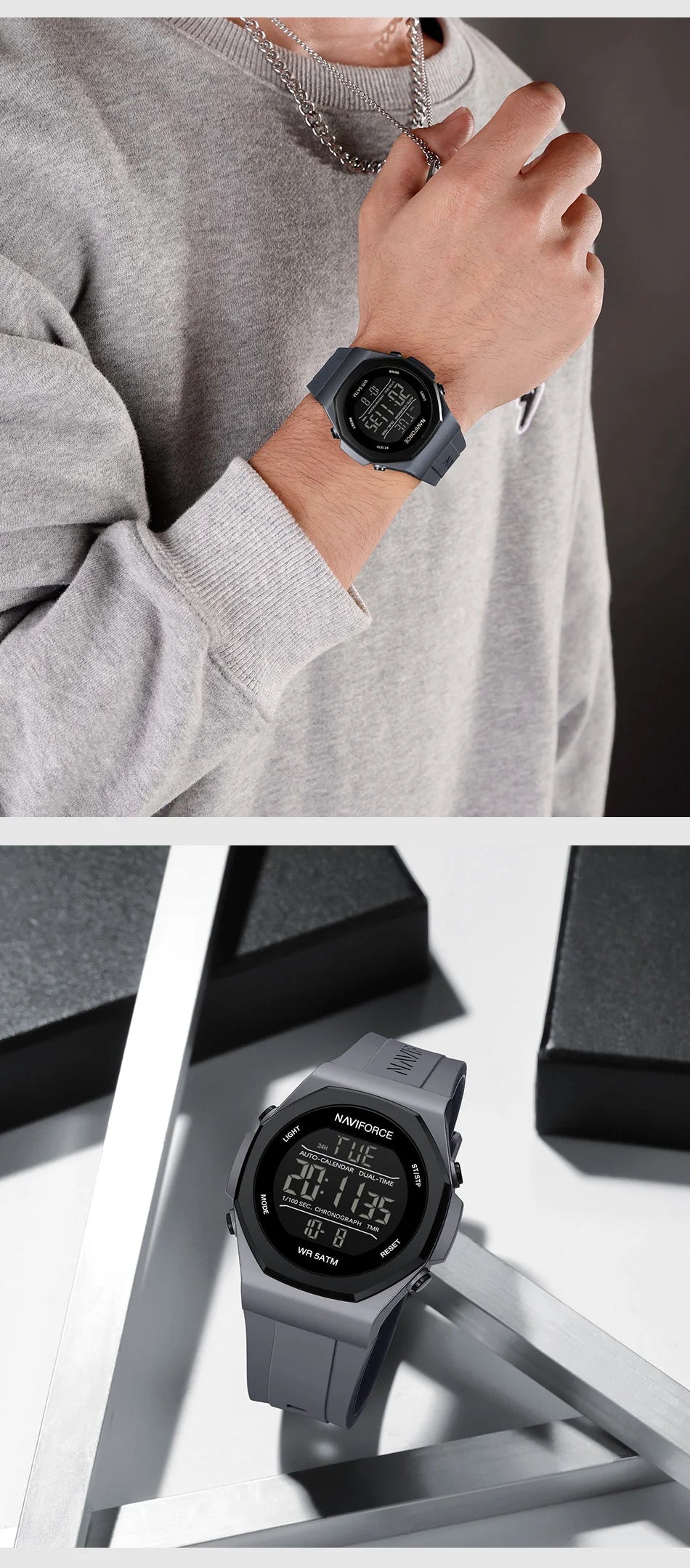 NAVIFORCE Creative Multifunction Male Wristwatches Silicone Strap LCD Display Electronic Watches for man Casual Wild Male Clocks