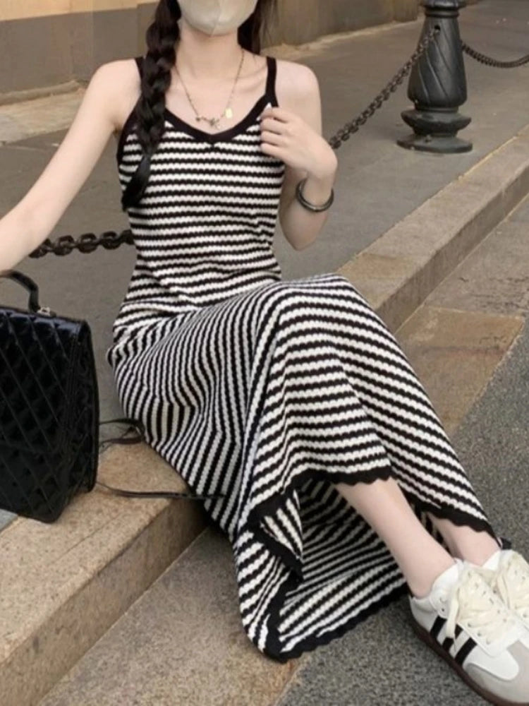 Summer Slimming High Waist V-Ne Wrap Body Lazy Sle Bla Stripe Knitted ter Dr Women Long Dr Trendy