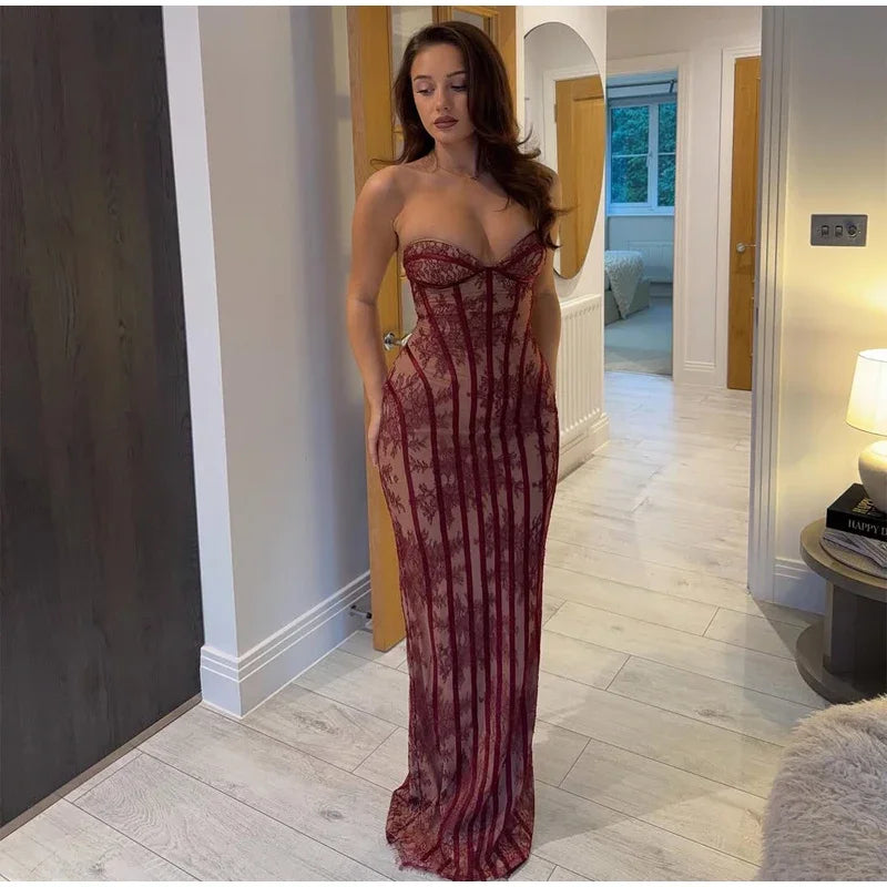 Women Strapless Tulle Fishbone Dress Backless Off Shoulder Printed Patchwork Slim Maxi Dresses 2026 Lady Chic Party Evening Gown