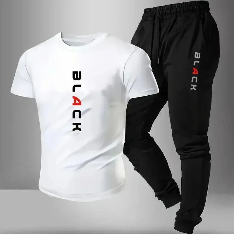 Summer New Fashion Trend Printed Sports Fitness Short-Sleeved T-shirt Long Pants Set Men's Loose Sports Large Size Two-Piece Set