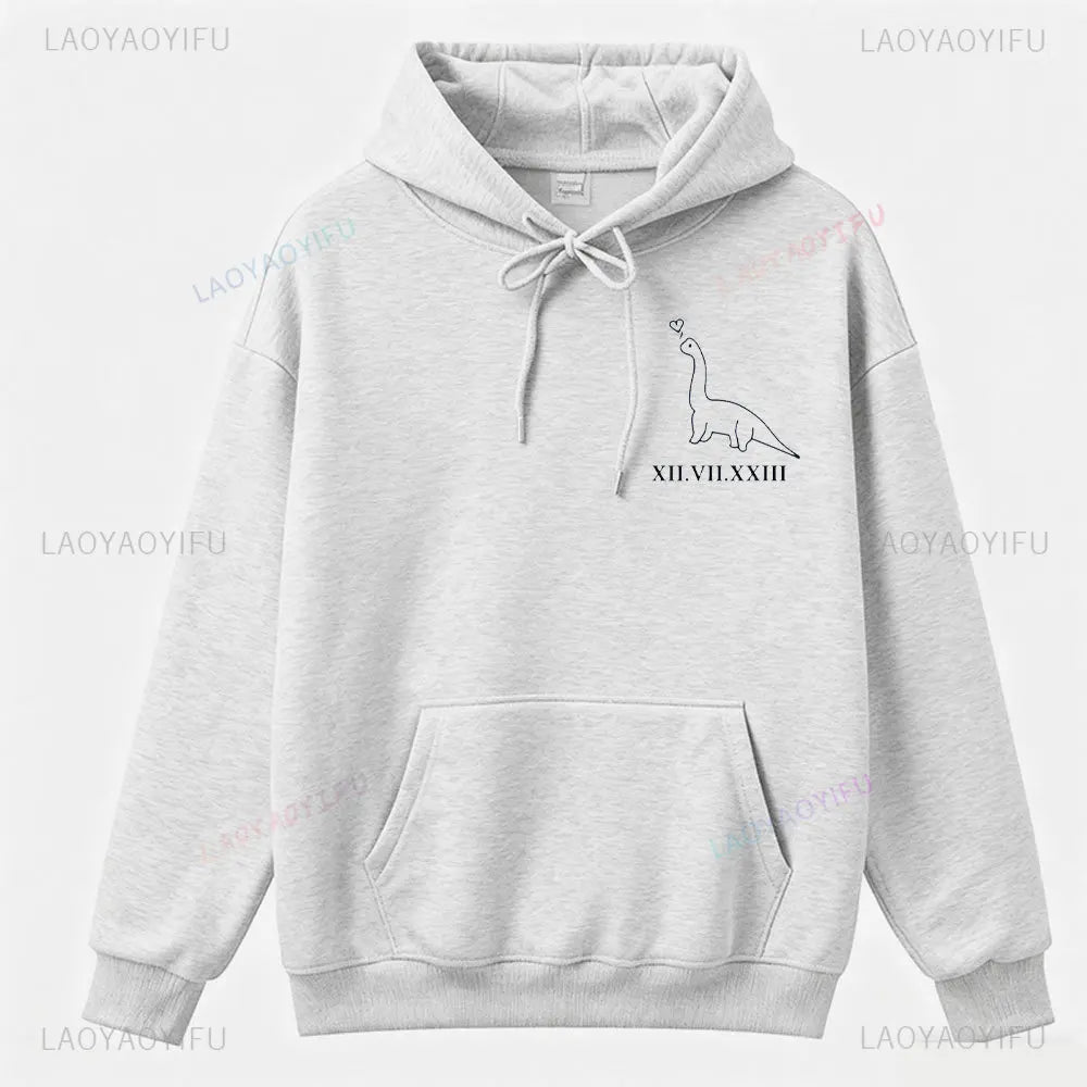 Couples  Hoodies Matching Dino Dinosaur Hoodie Custom Date Roman Numerals Matching Anniversary Gift Women Men Tops Long Sleeve
