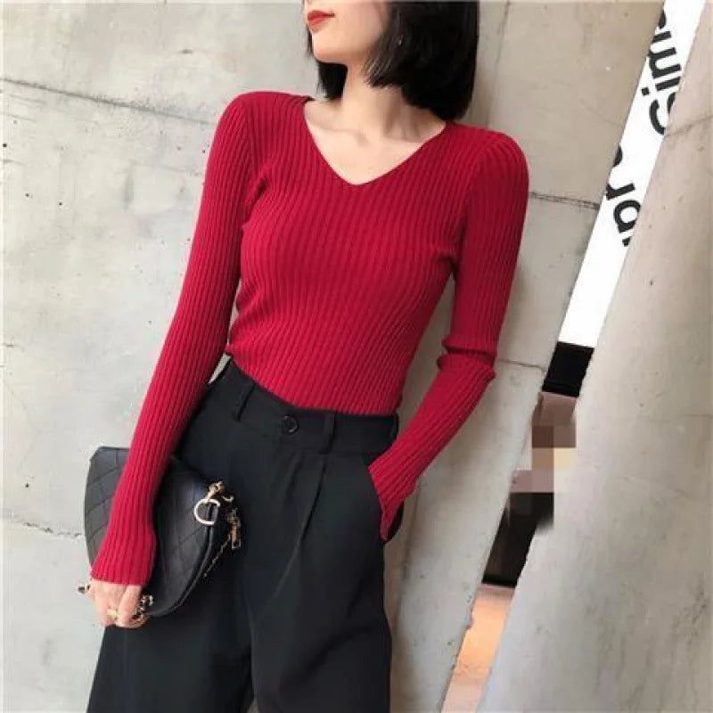 Autumn Fashion Female Long Sleeve V-neck Skinny Elastic Casual Sweater Women Knitted Shirts Pullover Top Women's Sweaters