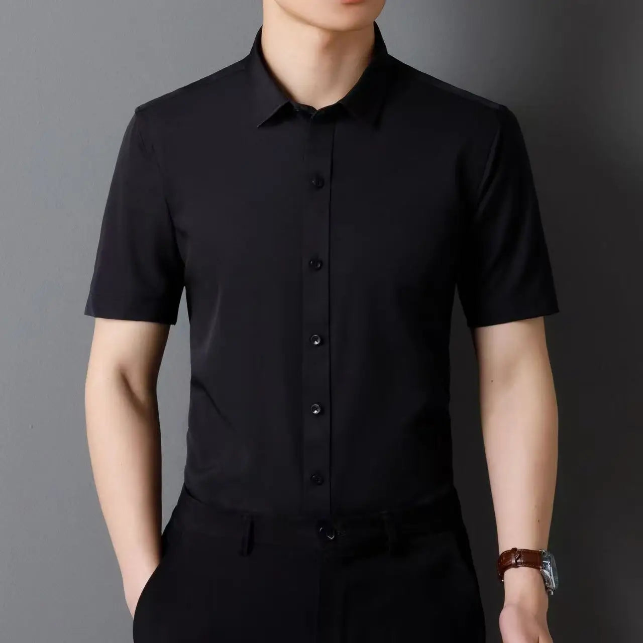 Men's Short Sleeve Shirts Summer Solid Color Polyester Turn Down Color Standard Fit Fashion Elegant Business Smart Dress Shirts