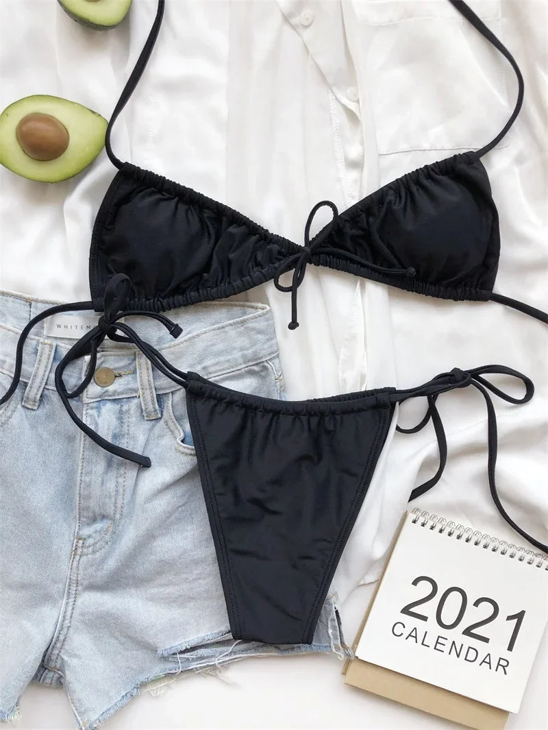Sexy Wrinkled Micro Mini Thong Bikini Female Swimsuit Women Swimwear Two-pieces Bikini set Bather Bathing Suit Swim Beach Wear