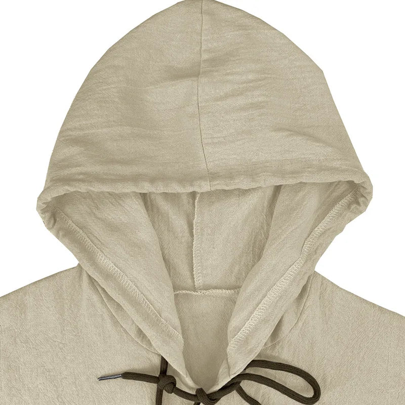 Men's solid color casual shirt, hooded drawstring cotton and linen cardigan, trendy and versatile loose beach T-shirt