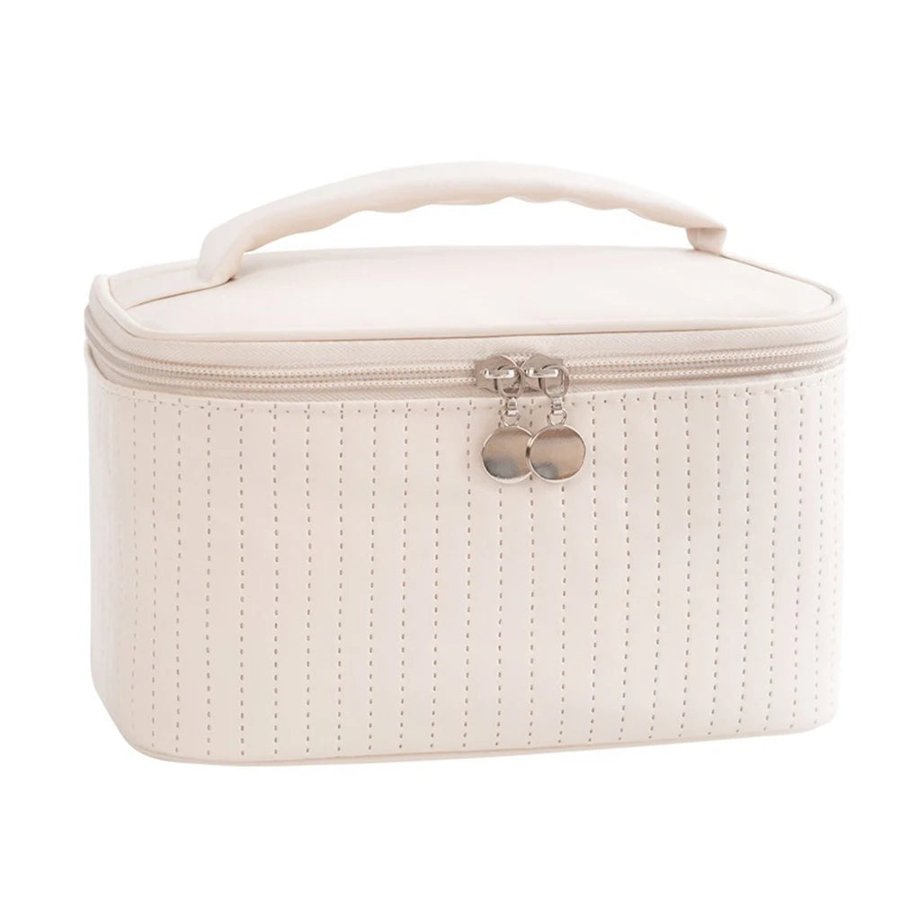 Handheld Solid Color PU Leather Cosmetic Organization Storage Bag Portable Travel Toiletry Pouch for Women
